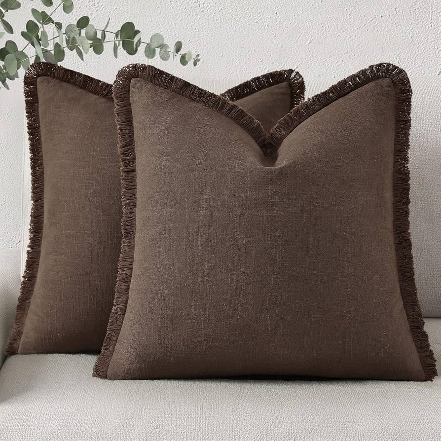 decorUhome Linen Fringe Chocolate Throw Pillow Covers 20x20 Set of 2 | Amazon (US)