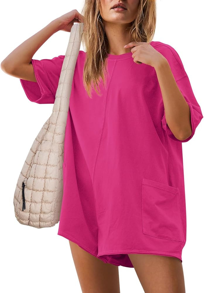 Yanekop Womens Oversized Romper Back V Neck Half Sleeve Jumpsuit Crewneck Tee Romper Overalls wit... | Amazon (US)