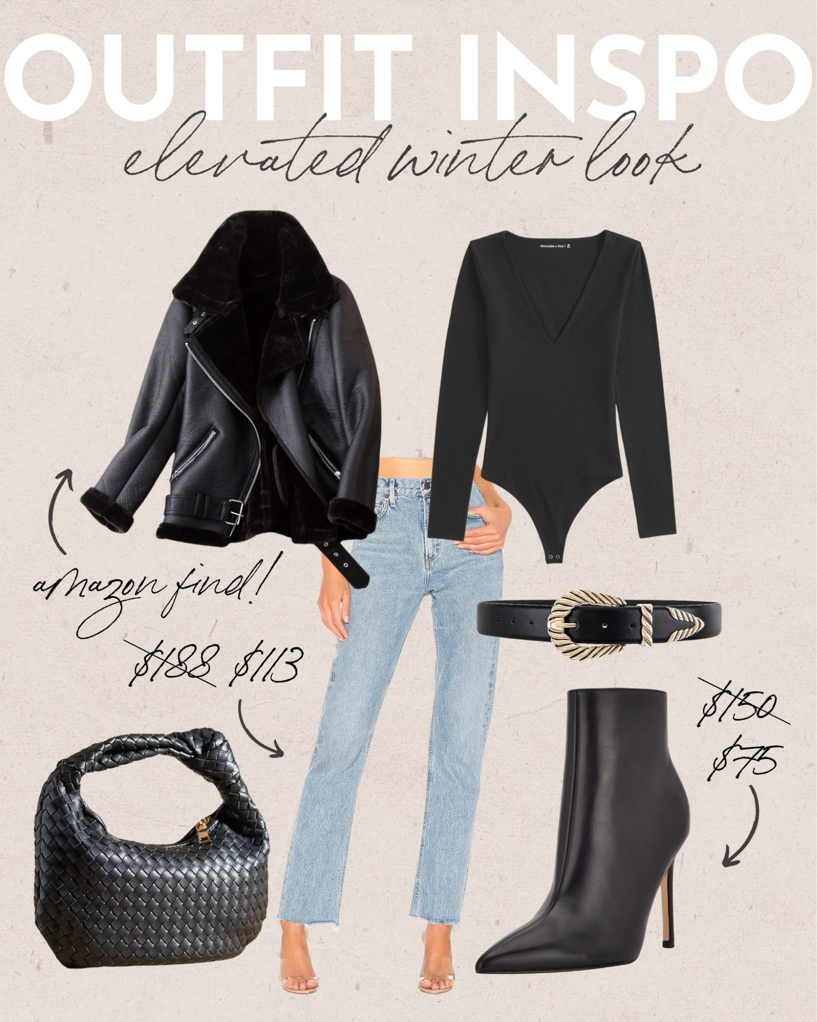 Outfit Inspo: Elevated Winter Look
winter look, winter outfit idea, winter fashion, revolve winter fashion, basic bodysuit, amazon leather jacket, agolde denim, agolde denim sale, winter accessories, black booties 

#LTKshoecrush #LTKsalealert #LTKSeasonal
