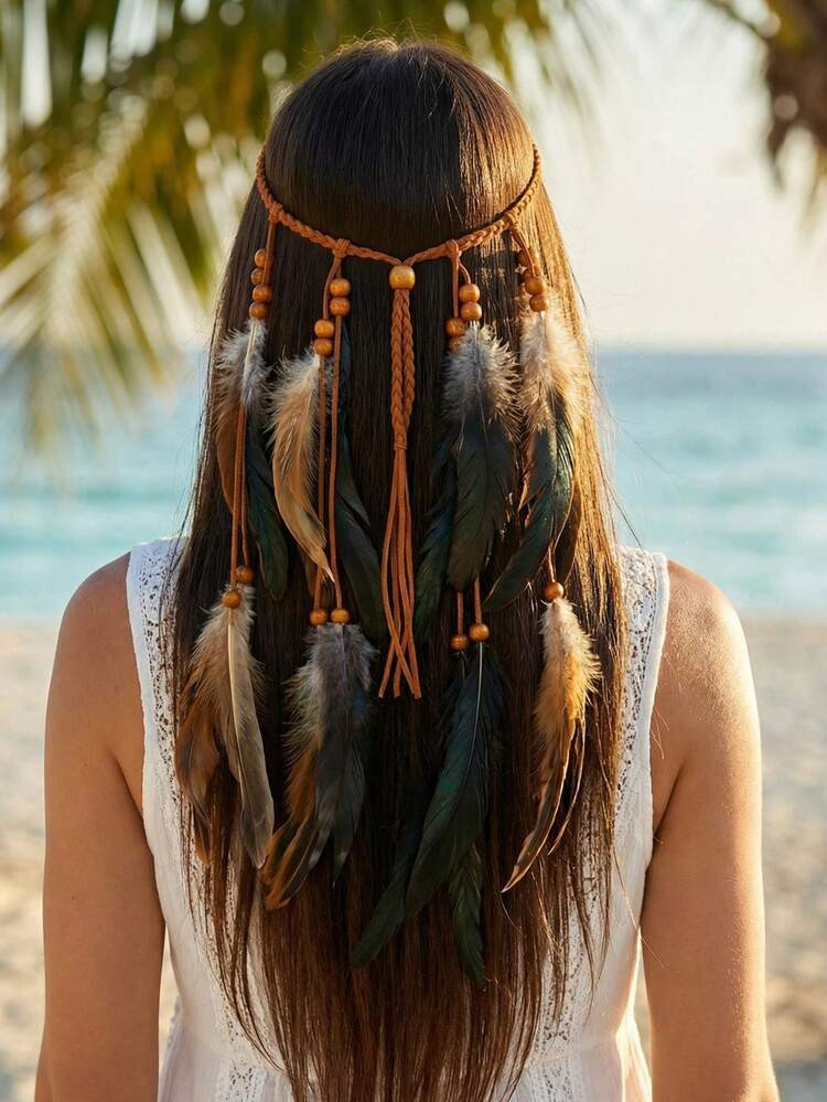 1pc Bohemian Style Long Feather Hair Chain, Women's Beach, Party, Music Festival Wear Hair Access... | SHEIN