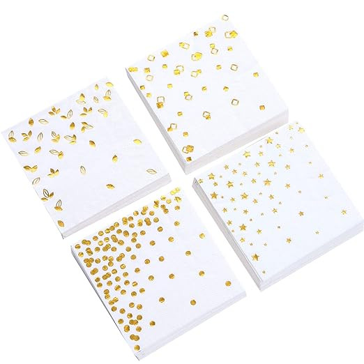 100 PK Gold Napkins - 4 Assorted Designs - 3-Ply Cocktail Napkins Folded 5 x 5 Inches Bar Napkins... | Amazon (US)