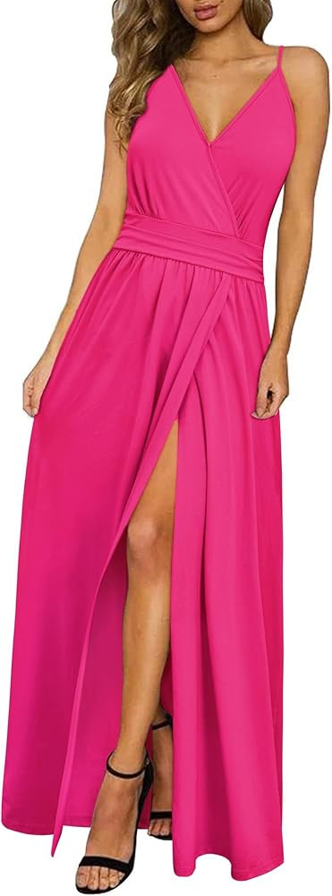 Newshows Women Summer 2025 Maxi Dress Vacation Floral Spaghetti Strap Spring Casual Boho Split Be... | Amazon (US)