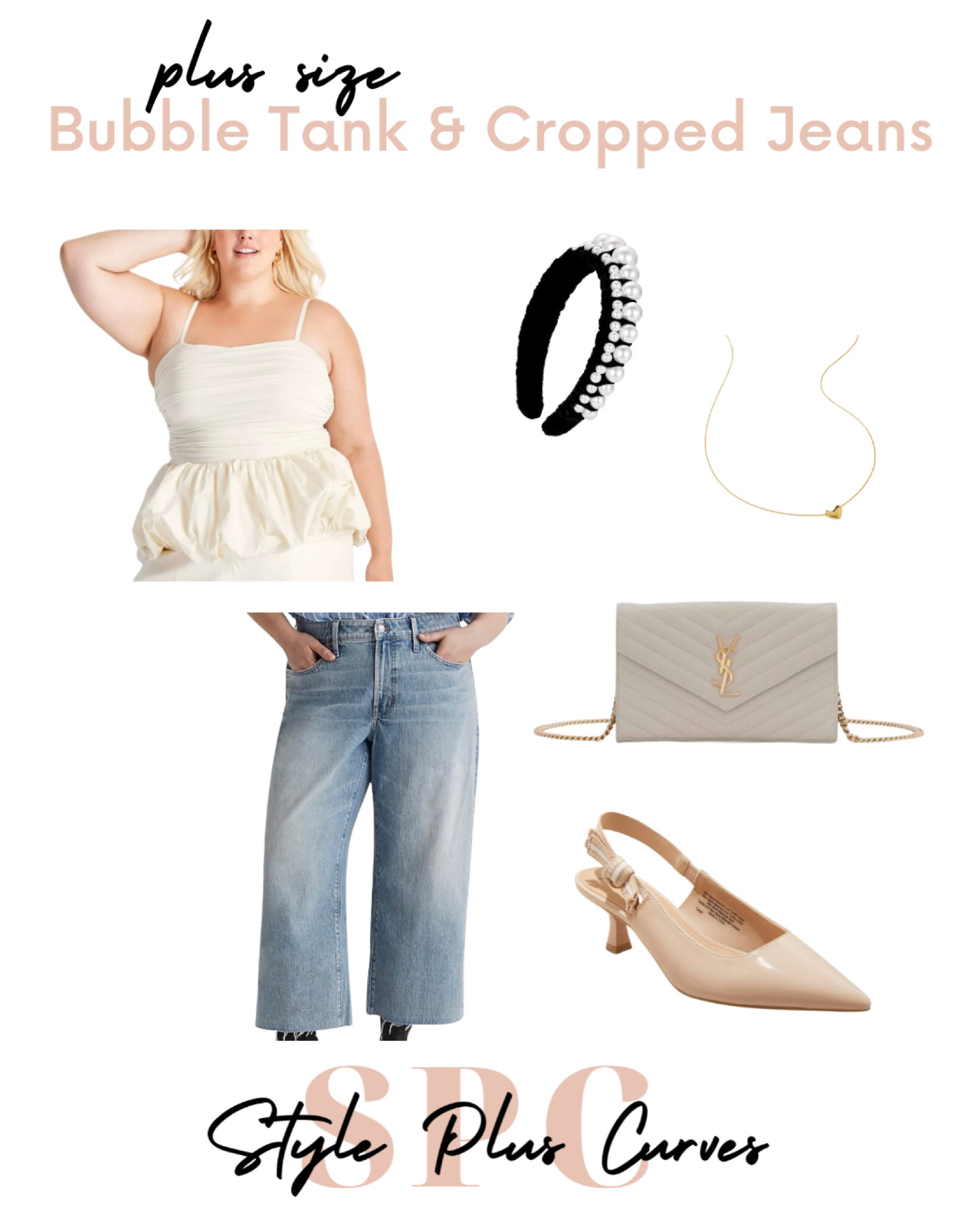 Summer to fall look! Plus size bubble top and cropped jeans, paired with kitten heels, a clutch, and of course my heart necklace and pearl headband  

#LTKPlusSize