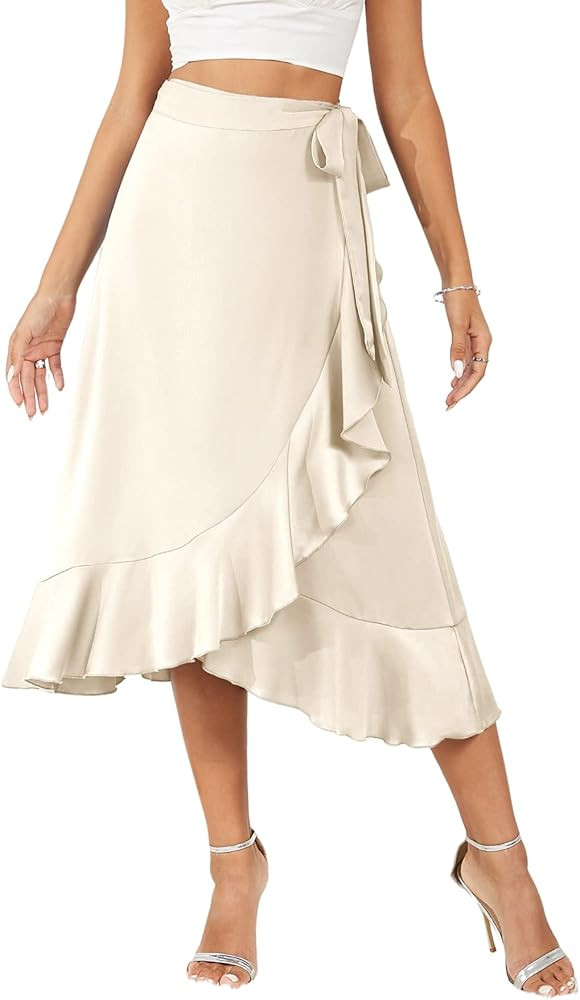 Skrtimory Women's Satin Wrap Skirt Adjustable Tie Ruffle Hem Flowy High Low Trendy Midi Skirt | Amazon (US)