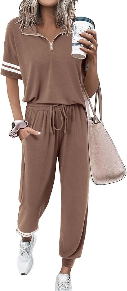 MASCOMODA 2 Piece Outfits for Women 2024 Summer Casual Quarter Zip Short Sleeve Tops Long Pants T... | Amazon (US)