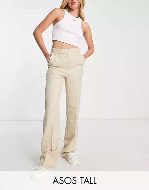 ASOS DESIGN Tall ultimate straight leg pants in beige grid check | ASOS (Global)