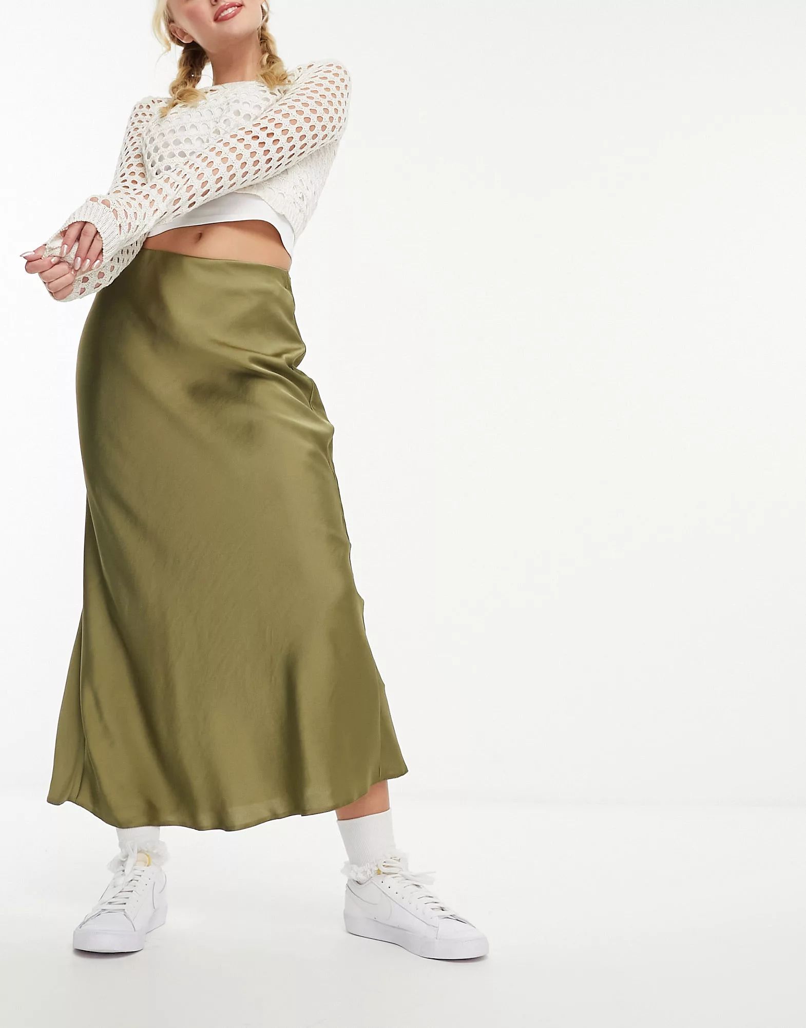 New Look satin bias midi skirt in khaki | ASOS (Global)
