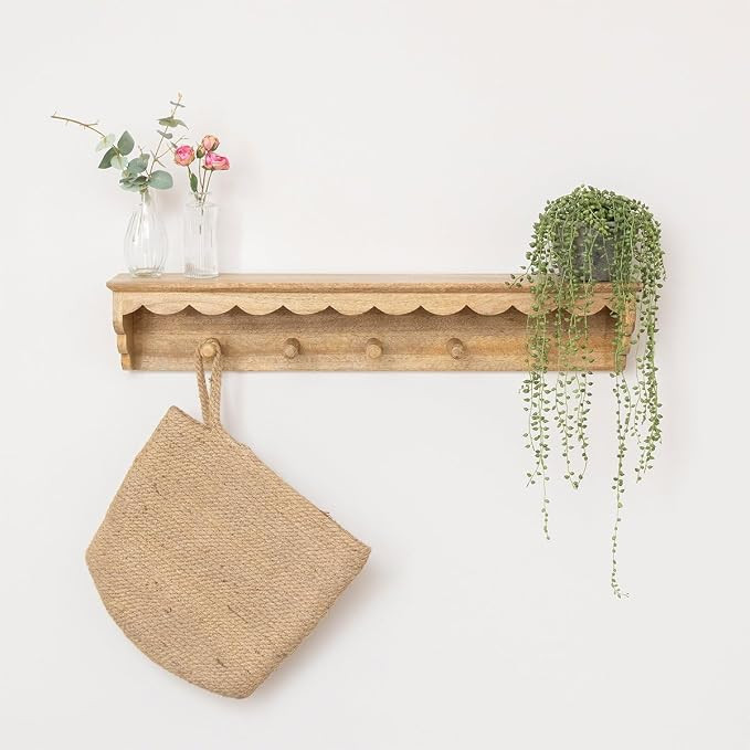 Melody Maison Natural Mango Wood Scalloped Edge Coat Peg Rail Hooks with Shelf - 80cm | Amazon (UK)