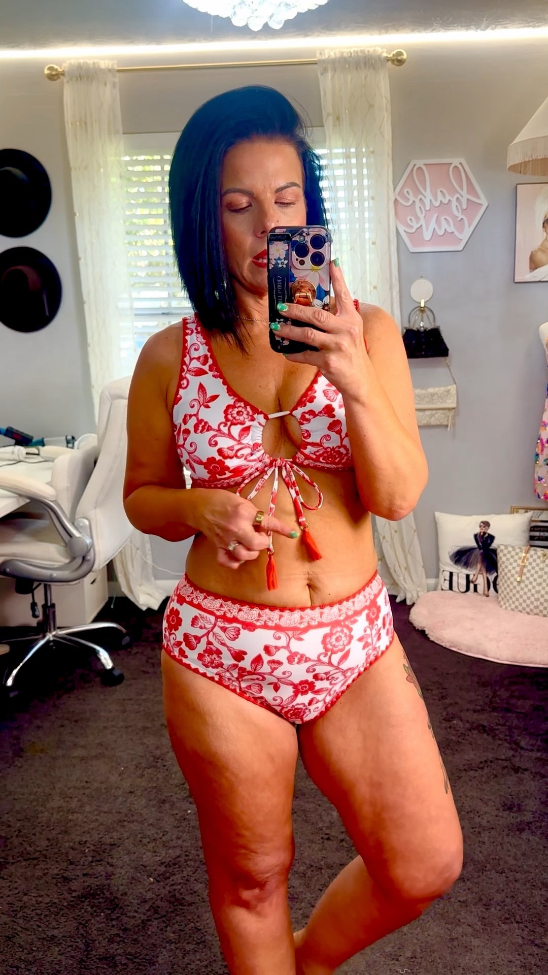 Amazon
High Waisted Bikini Sets 
Two Piece Tummy Control Swimsuits Floral Lace Up Bathing Suit Top
Modest but a touch of sexy 
Wearing Medium- I size up 1 in all my bathing suits 
140 pounds 
5’1”

#LTKSwim #LTKOver40 #LTKMidsize