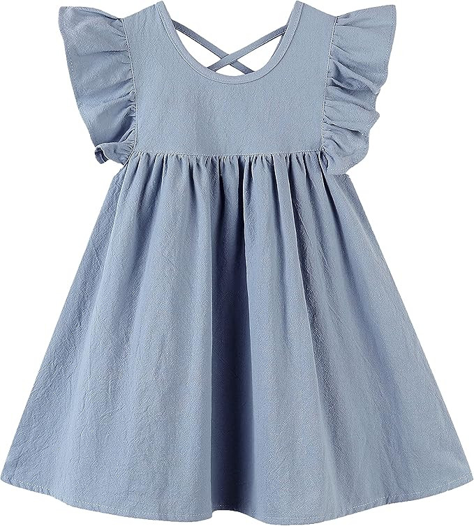 GSVIBK Girls Linen Cotton Dress Flutter Sleeve Back Cross Dress Toddler A-Line Skater Dress Baby ... | Amazon (US)
