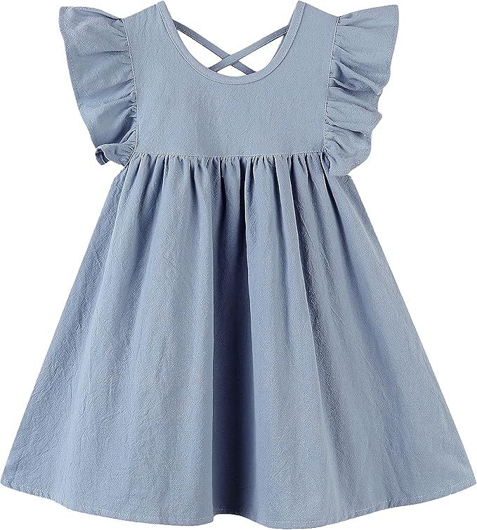 GSVIBK Girls Linen Cotton Dress Flutter Sleeve Back Cross Dress Toddler A-Line Skater Dress Baby ... | Amazon (US)