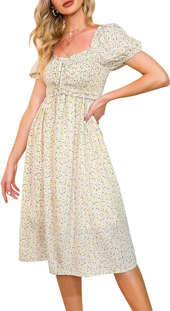 EXLURA Womens Square Neck Dress Puff Short Sleeve High Waist Smocked Ruffle Floral Sweetheart Neckli | Amazon (US)