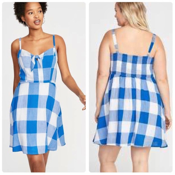 OLD NAVY |Blue and White Gingham Cotton Straps Mini Dress with Front Tie Size XS | Poshmark