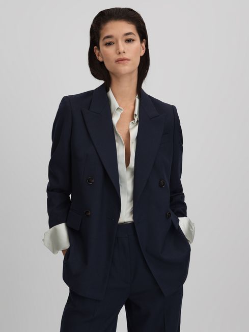Reiss Navy Harley Wool Blend Boucle Double Breasted Suit Blazer | Reiss US
