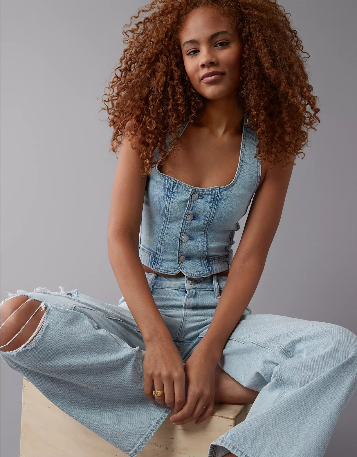 AE Cropped Denim Halter Top | American Eagle Outfitters (US & CA)