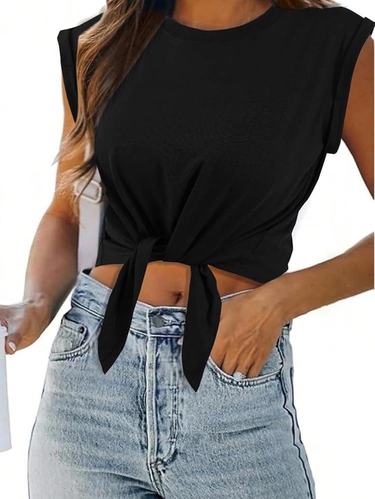 SOFIA'S CHOICE Women Summer Tie Front Crop Tops Crewneck Cap Sleeve Ruched T-Shirt Tops | Amazon (US)