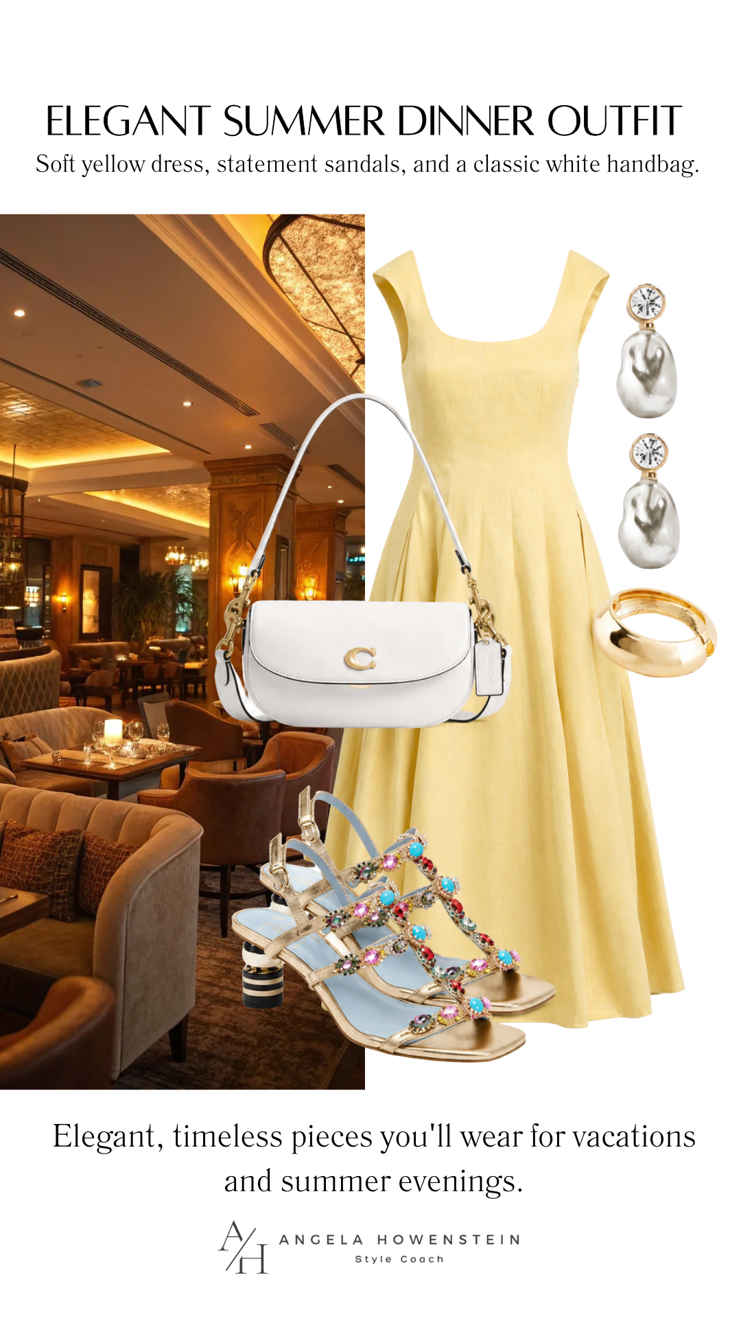This buttery yellow dress is such an elegant summer staple. Paired with colorful statement sandals, a classic white shoulder bag, and timeless jewelry, it's the perfect look for vacation dinners, date nights, or any special summer evening.

👩‍💻 LTK PRO TIPS
❤️ Heart = Support my posts ;-)
🔖 Save = Get sale & restock alerts for the things you love!
📋 Lists = Keep favorites organized (List ideas: Christmas, Birthdays, and Vacations!)
📲 Share = Send lists and products to a friend (or your daughters like me).
💬 Comment = Ask me anything, and I'll answer. ;-) 

 #LTKootd #LTKSeasonal #LTKOver40
