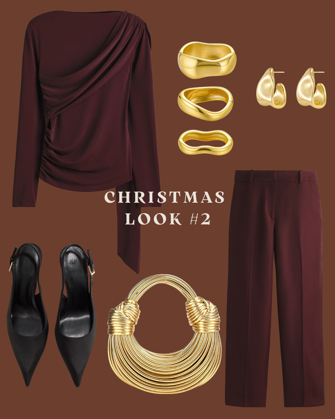 Bold, elegant, and perfectly festive ✨
This Christmas look is all about rich burgundy tones paired with luxe gold accents, a timeless combo that instantly elevates your holiday style. Chic heels, statement jewelry, and tailored trousers make this the perfect outfit for holiday dinners, events, or a classy night out. 🎄💫

#ChristmasOutfit #HolidayStyle #BurgundyLook #HolidayFashionInspo #LTKHoliday #LTKStyle #ChicOutfits #ElegantStyle 

 #LTKHoliday #LTKootd #LTKFindsUnder50