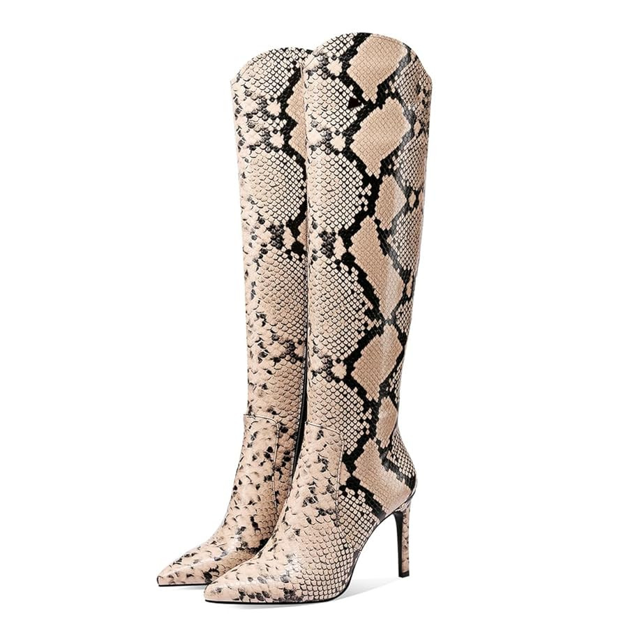 JANSEVEN Snakeskin Knee High Boots for Women Snake Skin Tall Boot with Stiletto High Heel Python ... | Amazon (US)