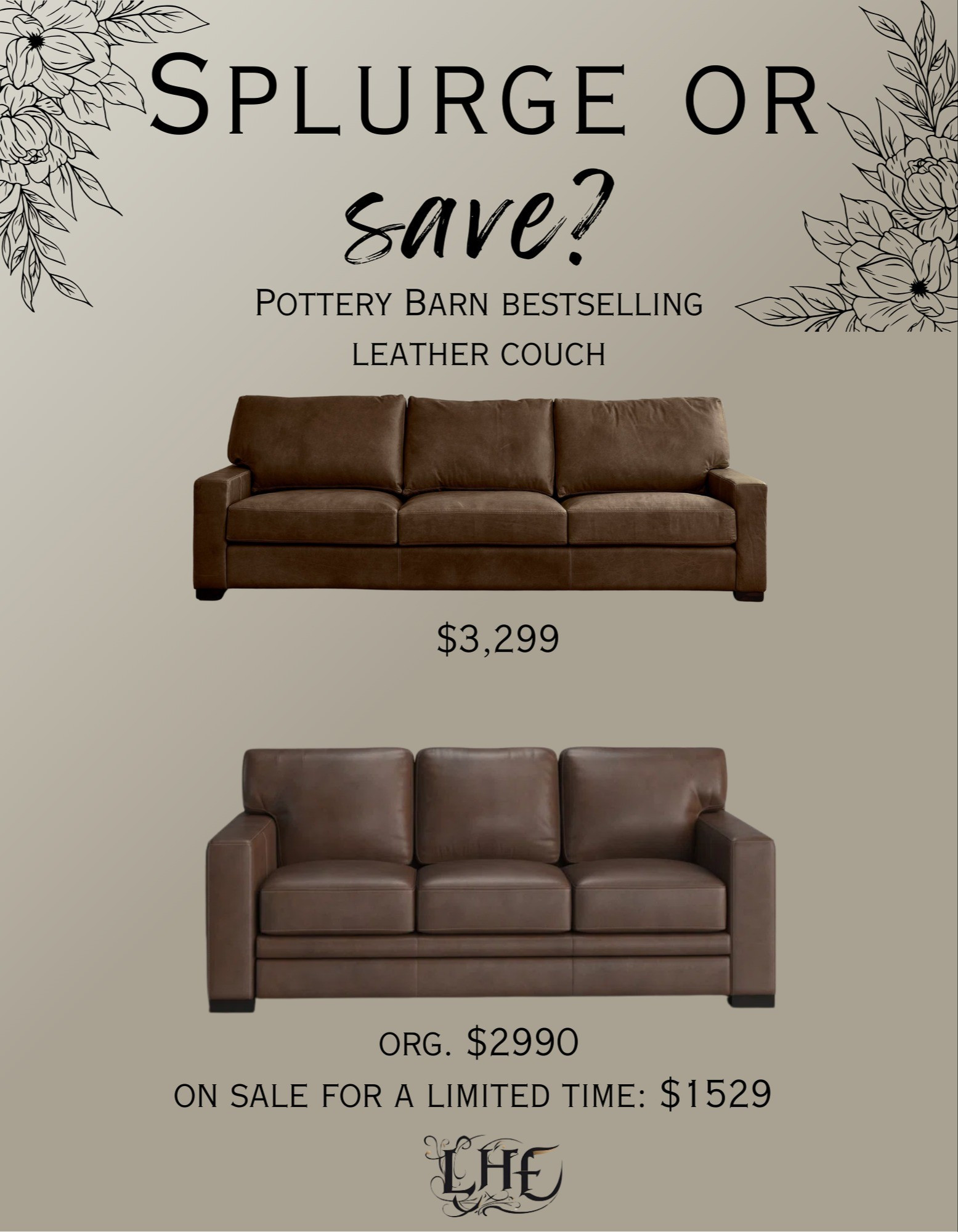 Splurge or save! This pottery barn couch is a stunner! But if you can't afford the price I found one similar and it's on sale! Shop by clicking the thumbnails below 👇...  living room refresh, living room inspo, living room, sofa living room, splurge or save, save vs splurge, sofa, couch living room, couch, leather couch, designer looks for less, home furniture, home finds, affordable couch, affordable furniture 

#LTKHome #LTKSaleAlert #LTKStyleTip