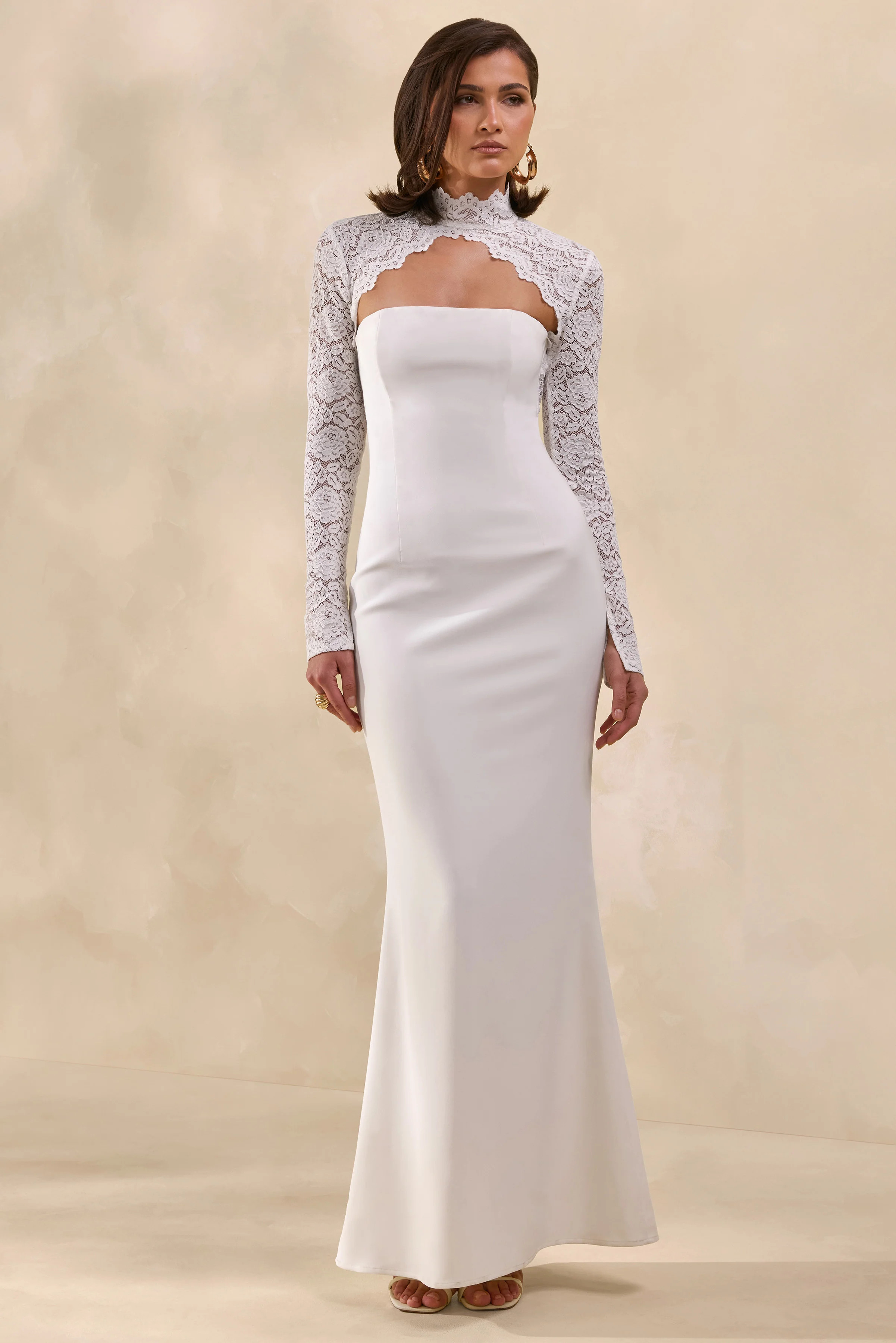 Yarrow | White Lace High-Neck Maxi-Dress With Open-Back | Club L London