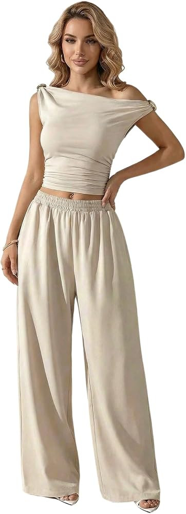 Women's 2 Piece Going Out Outfits Summer Y2k Off The Shoulder Top and Wide Leg Pants Matching Set... | Amazon (US)