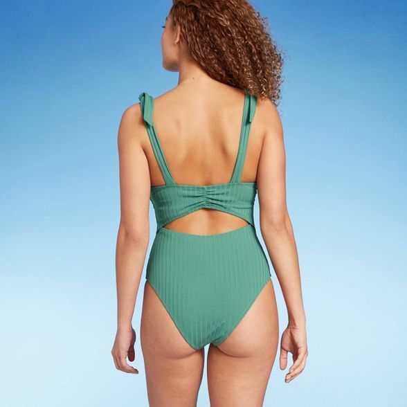Women's Plunge Front Shoulder Tie Ribbed One Piece Swimsuit - Shade & Shore™ Cactus Green | Target