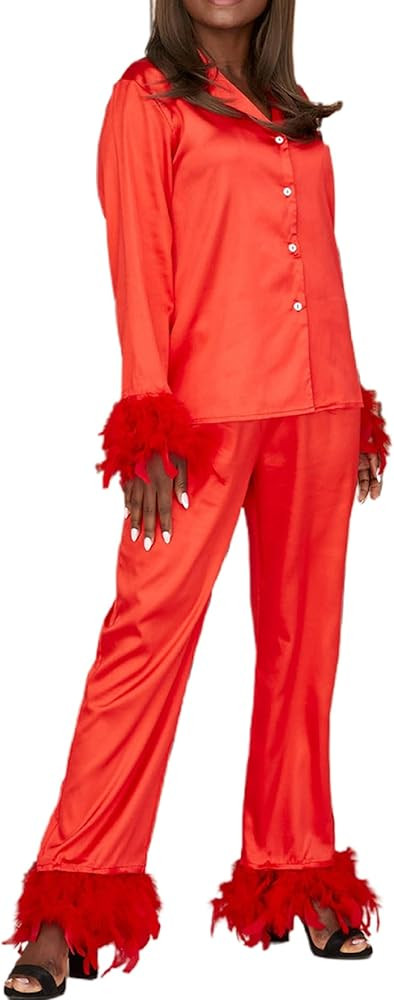 KMBANGI Women Feather Trim Pajama Set Long Sleeve Button Up Top Pants 2Piece Lounge Set Satin Pj ... | Amazon (US)