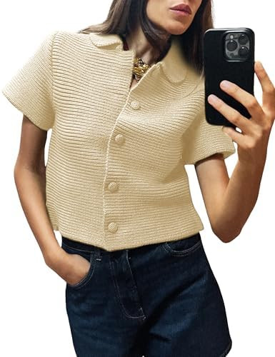 Tanming Womens Cardigan Sweaters Soft Chunky Knit Top Short Sleeve Button Loose Outerwear Sweater | Amazon (US)