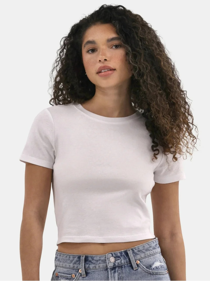 No Boundaries Scoop Neck Cotton Tee with Short Sleeves, Women's | Walmart (US)