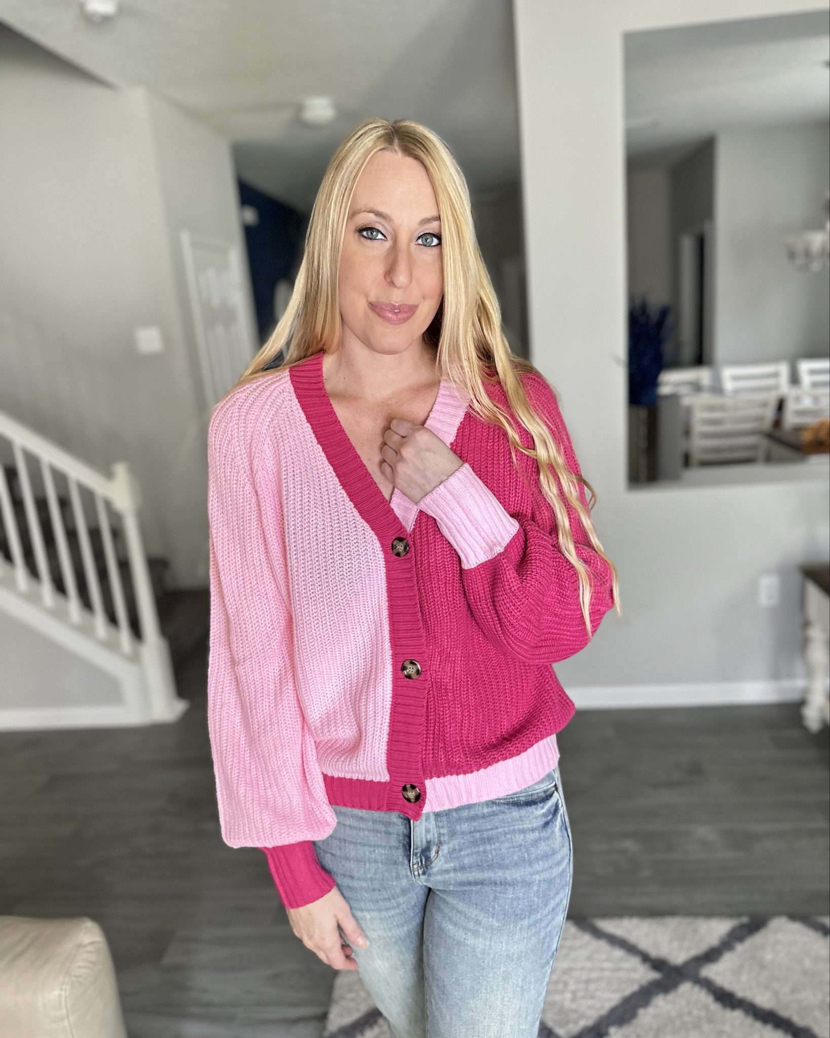 Cute pink color block cardigan
💞 chunky knit sweater 
💞 wearing size small, fits true to size 

#LTKStyleTip #LTKFindsUnder50 #LTKFindsUnder100