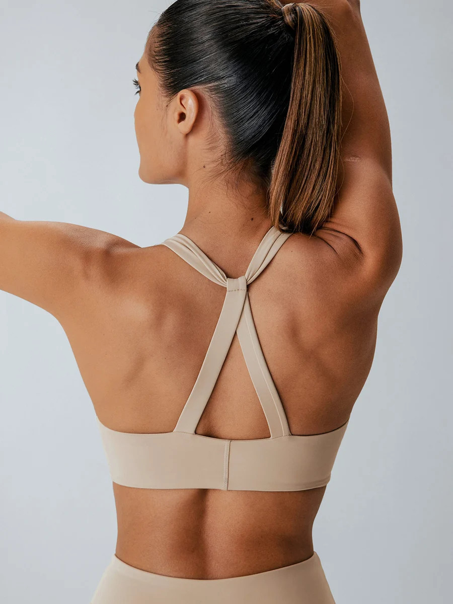 Khaki Cross Back Sports Bra - Light Support & Reviews - Khaki - Sustainable Yoga Tops | BERLOOK | BERLOOK