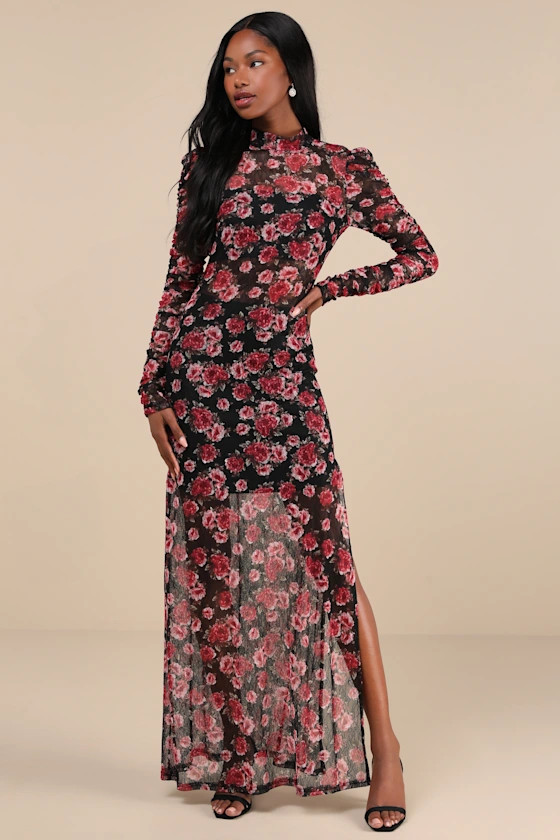 Lovely Silhouette Black Floral Sheer Mesh Cutout Maxi Dress | Lulus