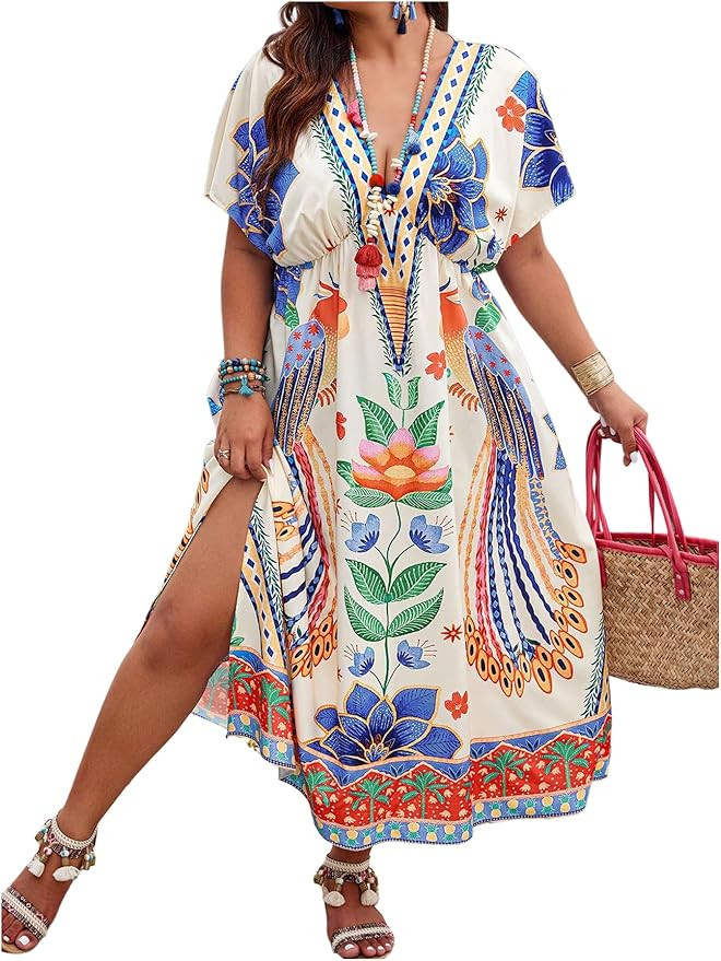 Floerns Women's Plus Size Tribal Print Dolman Sleeve Slit Summer Maxi A Line Dress | Amazon (US)