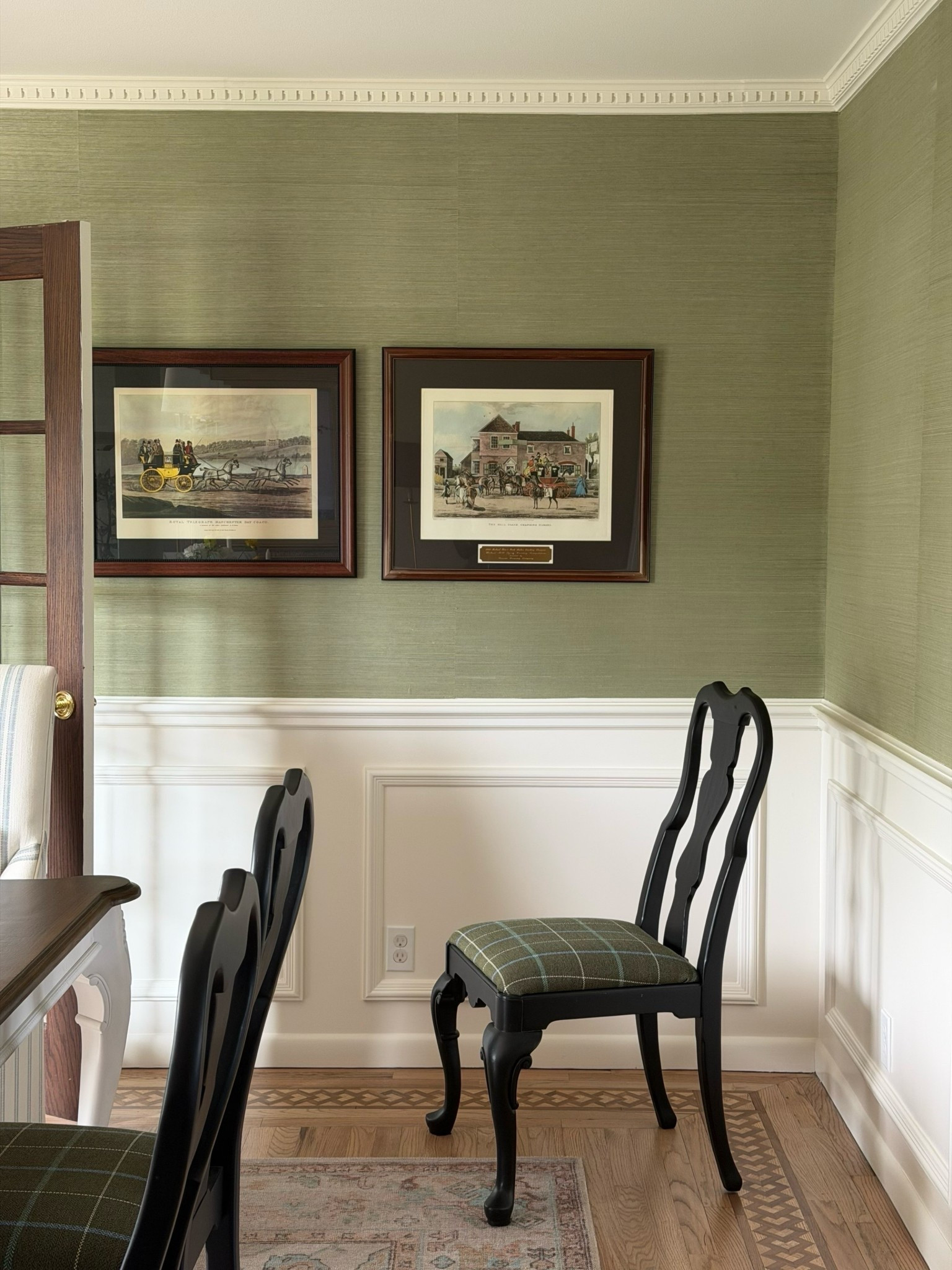 A little preview of a project we recently photographed and are excited to share soon. 📸 #projecteclectictraditional #projectequestriantraditional 

This dining room is a reminder that formal spaces should feel special—but never so precious that they’re off-limits. The goal was to create a room that felt polished and memorable while still welcoming everyday gatherings around the table. 

We layered green grasscloth wallpaper, crisp wainscoting, blue drapery, a pink patterned rug, and a touch of equestrian charm to bring personality and color to the space. One of my favorite details was giving the client’s heirloom dining table and chairs new life through refinishing, paint, and fresh upholstery.

The result is classic, colorful, deeply personal, and designed to be enjoyed. More of this home coming soon.

iPhone photo by @margaretrajic

#traditionaldiningroom #colorfulinteriors #grassclothwallpaper interiordesignideas