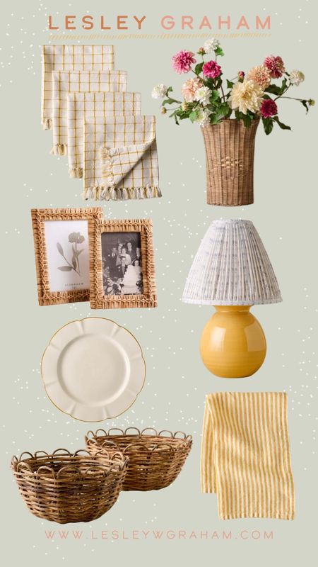New Magnolia summer. Summer kitchen linens. Cutest yellow lamp. Hanging flower basket. Rattan picture frames. Beautiful plate ware. Woven baskets. 

#LTKSeasonal #LTKhome