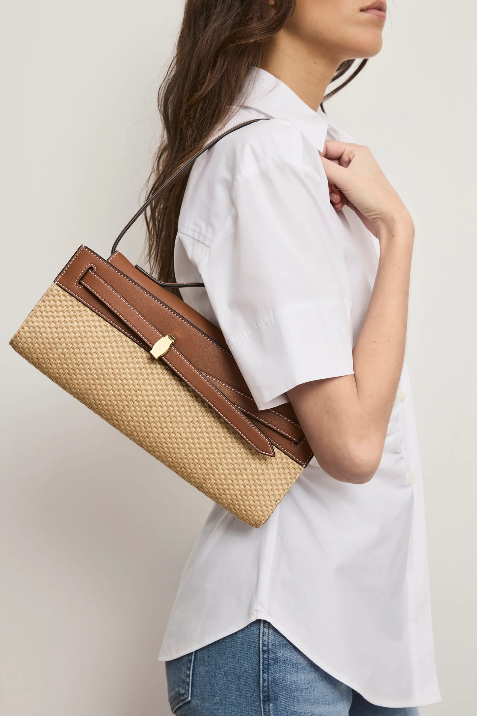 Veronica Beard Raffia Dash Clutch in Tan Leather Hazelwood/Natural | Veronica Beard | Veronica Beard