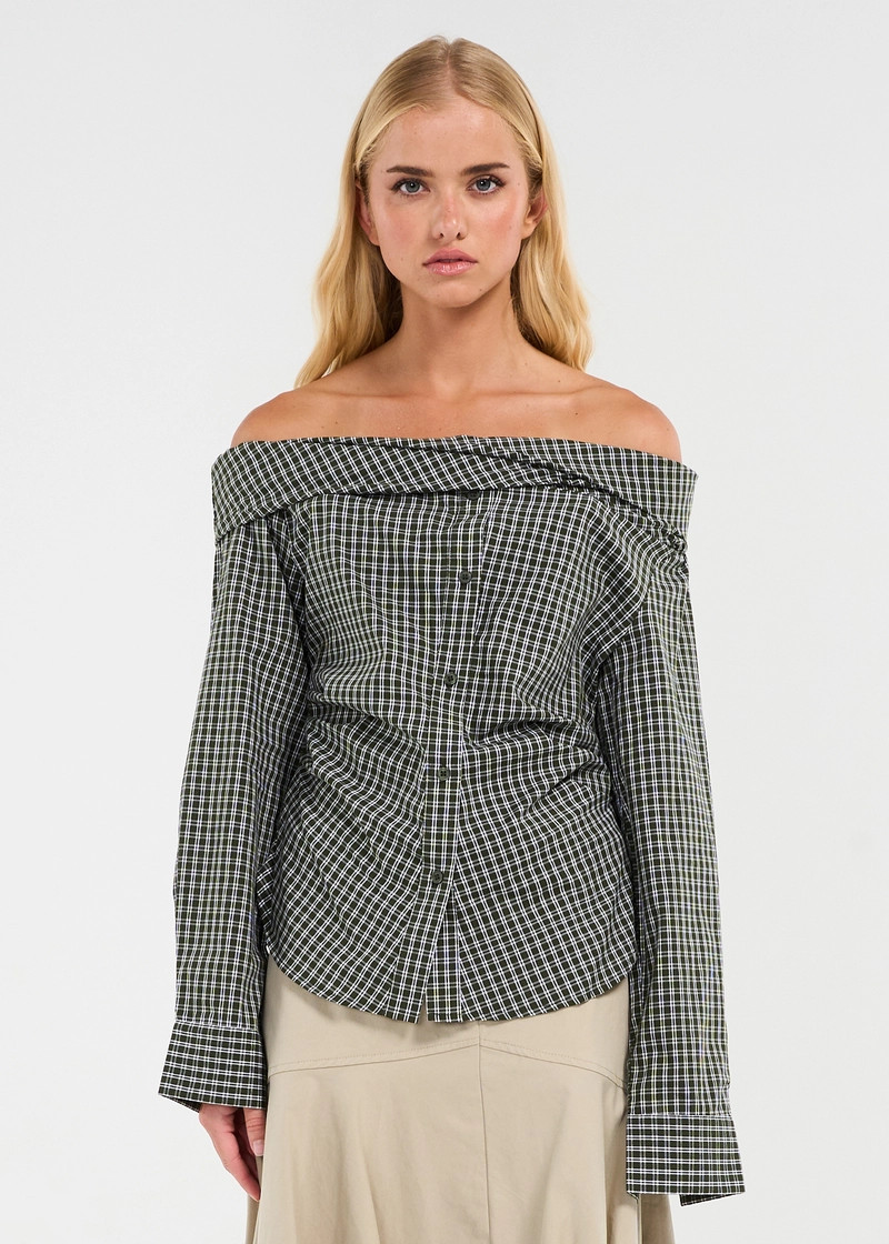 LEE OFF SHOULDER BUTTON DOWN IN GREEN PLAID | BNTO