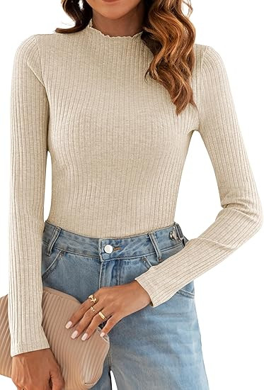 Poetsky Women's Fall Long Sleeve Tops Lightweight Turtleneck Sweater Ribbed Fitted Basic Shirts | Amazon (US)