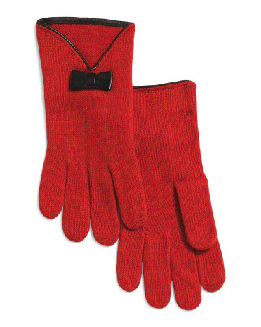 Cashmere Tech Gloves With Leather Bow And Piping | TJ Maxx