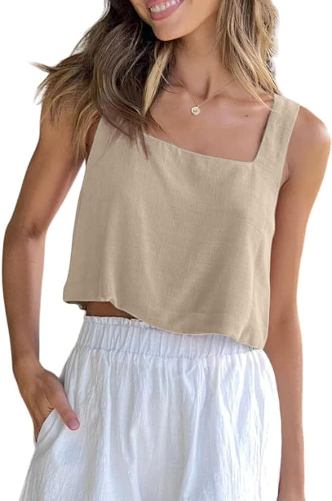 Allimy Women's Summer Thick Shoulder Straps Crop Tops Square Neckline Tank Tops | Amazon (US)