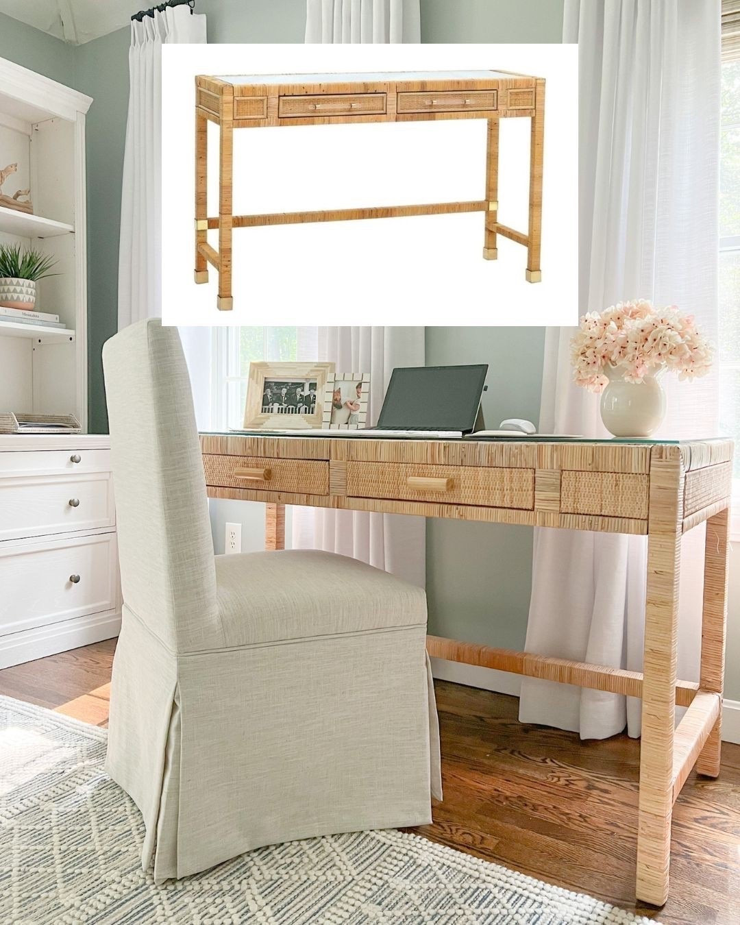 This rattan, glass top desk is so similar to my own (which is no longer sold) & a major designer look for less! This is the lowest price I've seen this gorgeous desk go for, so if you're in the market for home office furniture it's a great time to snag it! My chair is a HomeGoods find but I've linked some similar ones! - coastal home decor, coastal decor, home office decor, ladies home office, women's desk, ladies desk, amazon desks, rattan desks, woven desks, amazon furniture, coastal style furniture, upholstered dining chairs, upholstered desk chairs, amazon picture frames, white curtains, white drapery panels, TWOPages curtains, amazon curtains, woven shades, blue & white rugs, wayfair rugs, white bookcase, white filing cabinet, home office storage, coastal rugs, home office rugs, 8x10 rugs, 5x8 rugs, 9x12 rugs

#LTKHome