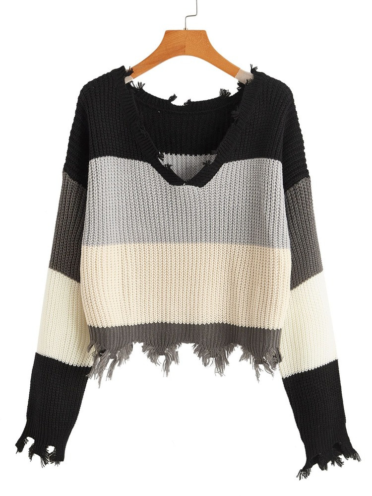Drop Shoulder Colorblock Distressed Hem Sweater | SHEIN