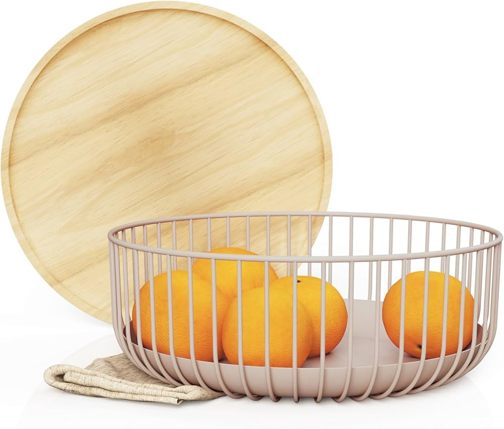 Fruit Basket for Kitchen - Multi-Purpose Stackable Basket with Wooden Lid - Powder Coated Metal a... | Amazon (US)