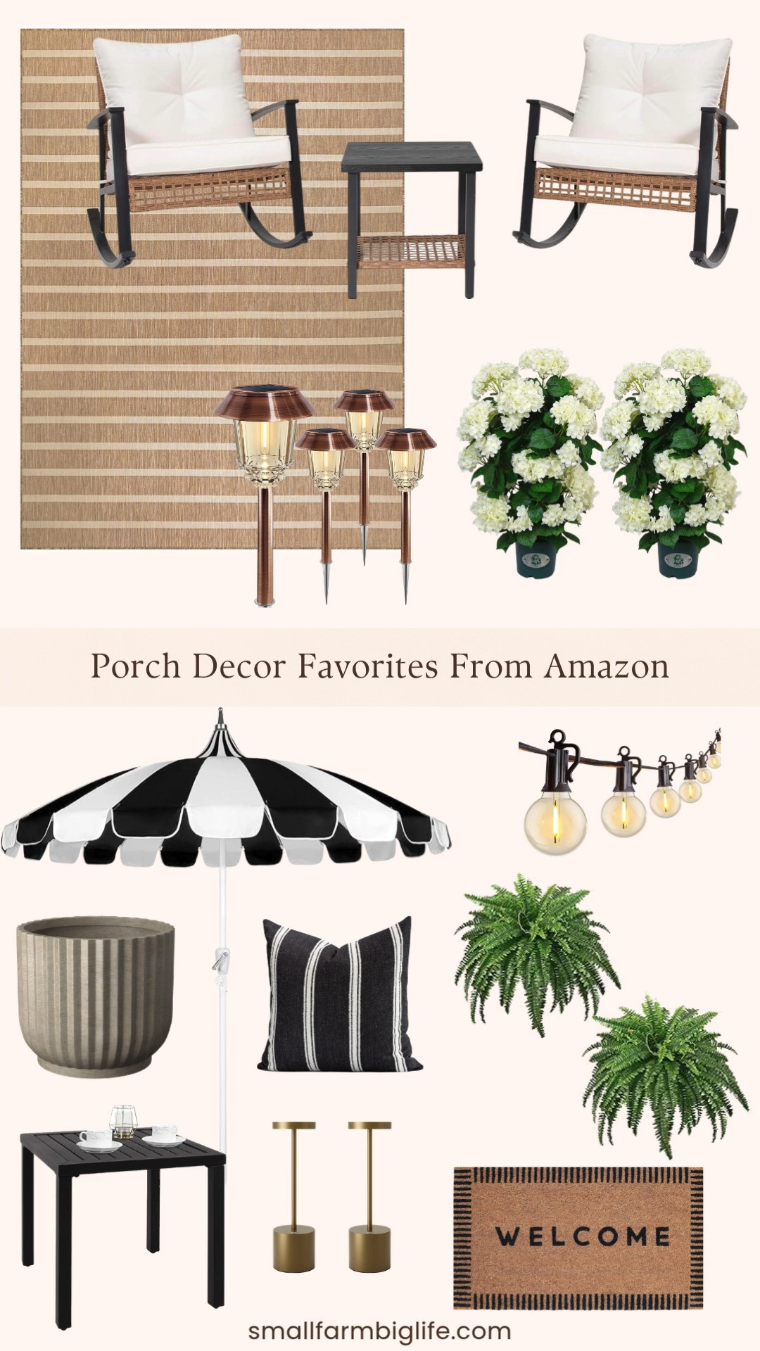 More beautiful porch and patio finds from Amazon and this collection is so good! From a classic black and white pagoda umbrella and a charming rocking bistro set to Edison string lights, cordless brass table lamps, a fluted round planter, faux ferns and a hydrangea tree, solar pathway lights, a beautiful striped outdoor rug, and the prettiest black and white striped throw pillow covers, these are the warm and inviting pieces that make any outdoor space feel completely pulled together. Linking everything below! 

 #LTKSeasonal #LTKHome