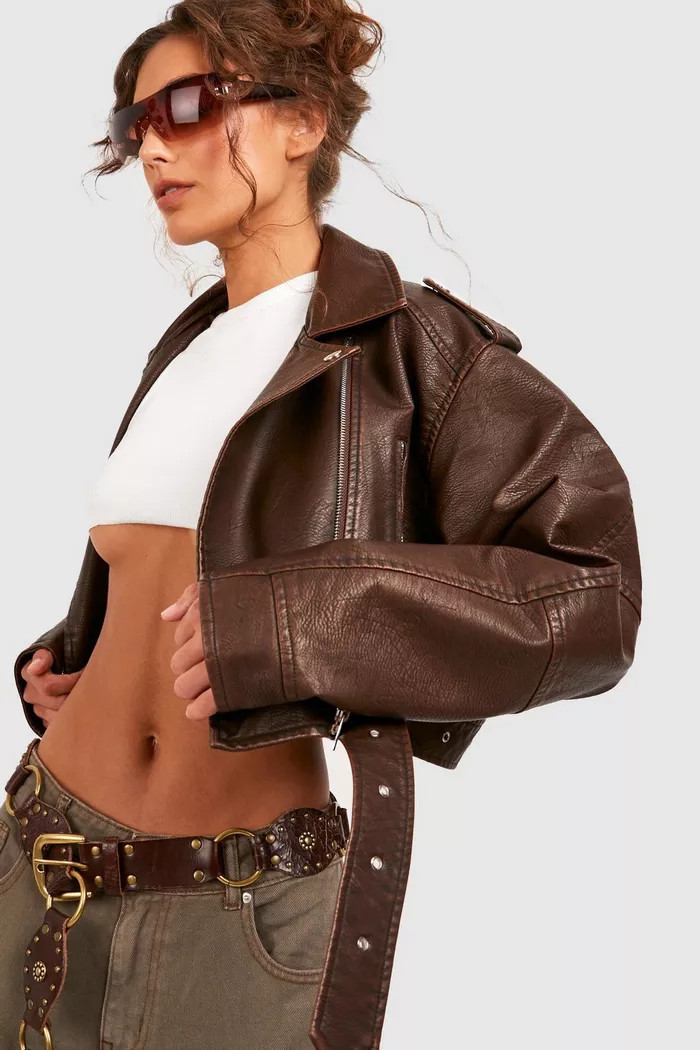 Vintage Look Faux Leather Crop Biker Jacket | Boohoo.com (UK & IE)