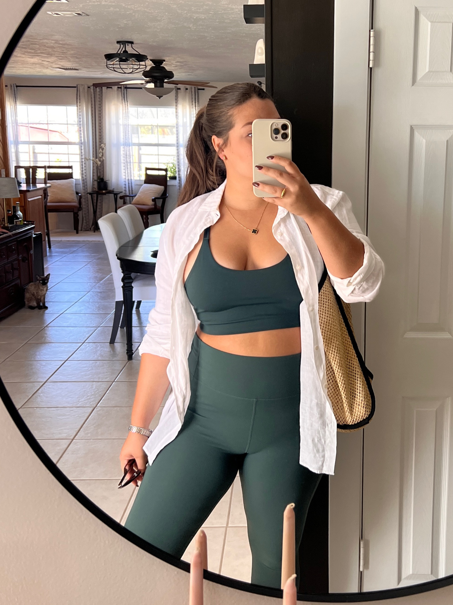 Gym set emerald green white linen shirt tote bag clover necklace van cleef fabletics set leggings gym top

#LTKActive #LTKMidsize #LTKFindsUnder100