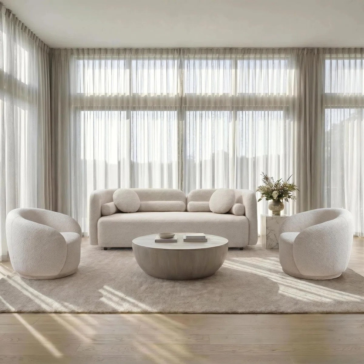 ✨ Heirloom Luxury Collection ✨ 
Crafted for longevity | Investment pieces ($1,500+)

Inspired by high-end interior design, this 3-piece bouclé set creates a cohesive, sculptural living room moment. The 360° swivel chairs add a dynamic touch while maintaining a refined, balanced aesthetic. Under $3,500.

Keywords:

* boucle sofa set
* 3 piece sofa set
* modern sofa set
* swivel chair sofa set
* 5 seater sofa
* upholstered sofa set
* living room furniture
* luxury sofa set
* contemporary seating
* neutral furniture set
* textured upholstery sofa
* designer inspired furniture
* modern living room set
* curved swivel chair
* statement sofa set
* upscale home furniture
* cozy modern sofa
* interior design furniture

#LTKSaleAlert #LTKSeasonal #LTKHome