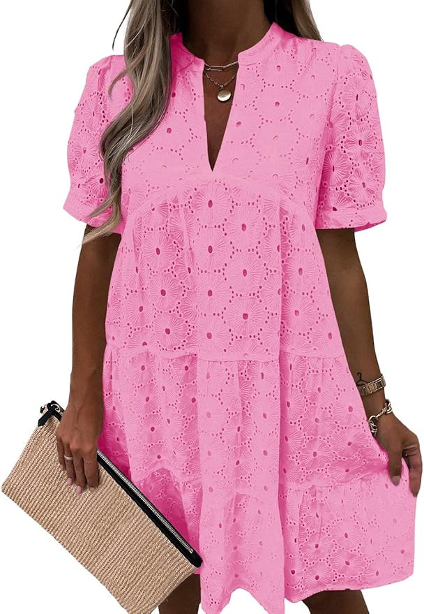 Imily Bela Womens Summer Lace Dresses Eyelet Casual Flowy Babydoll Swing Short Sleeve V Neck Tuni... | Amazon (US)