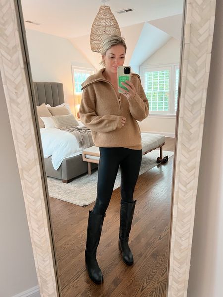 Rainy day fall outfit 🍂 love this quarter zip sweater from Jcrew. Wearing size small // boots are old Anaki Paris, linked similar // leggings, size small, 10% off with code KENDALLXSPANX 

#LTKstyletip #LTKSeasonal